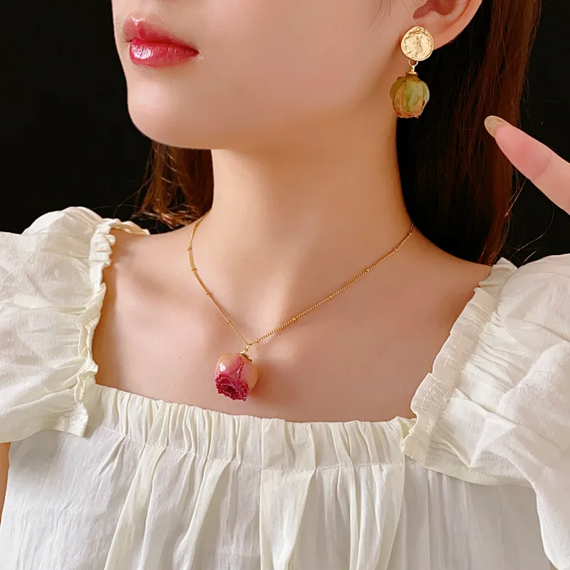 French Elegant Eternal Rose Flower Pendant Necklace Earrings Jewelry Set Women's Fashion Statement Party Ladies Jewelry