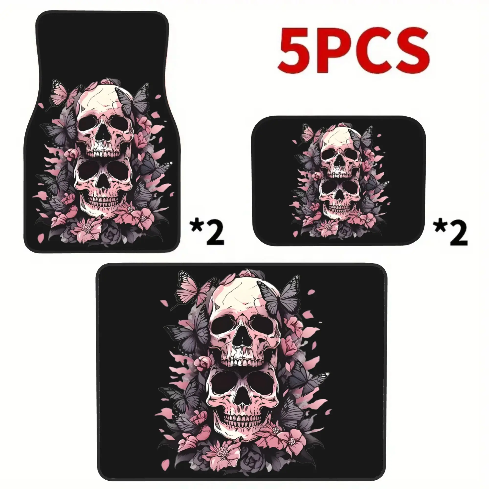 5pcs Gothic Pink Skull Butterflies Tattoo Style Universal Car Floor Mats | Trunk Mat 5pcs (4 Floor Mats + 1 Trunk Mat), All Weat