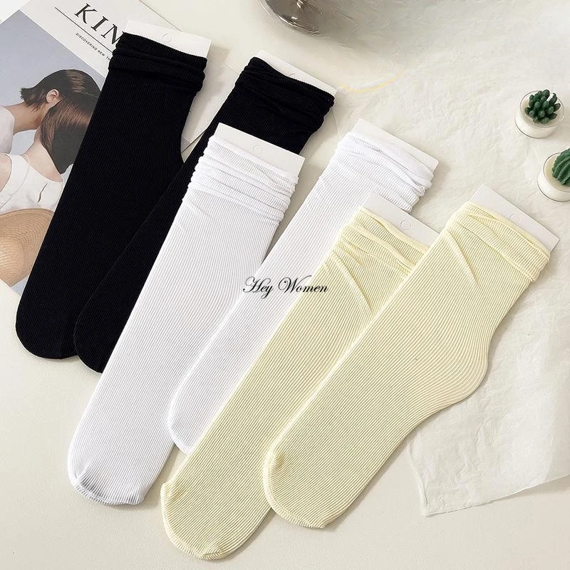 1 Pair Summer Thin Socks Ice Velvet Soft Breathable Pile of Sock Women Girls Long Tube Black White Beige Loose Harajuku Hosiery