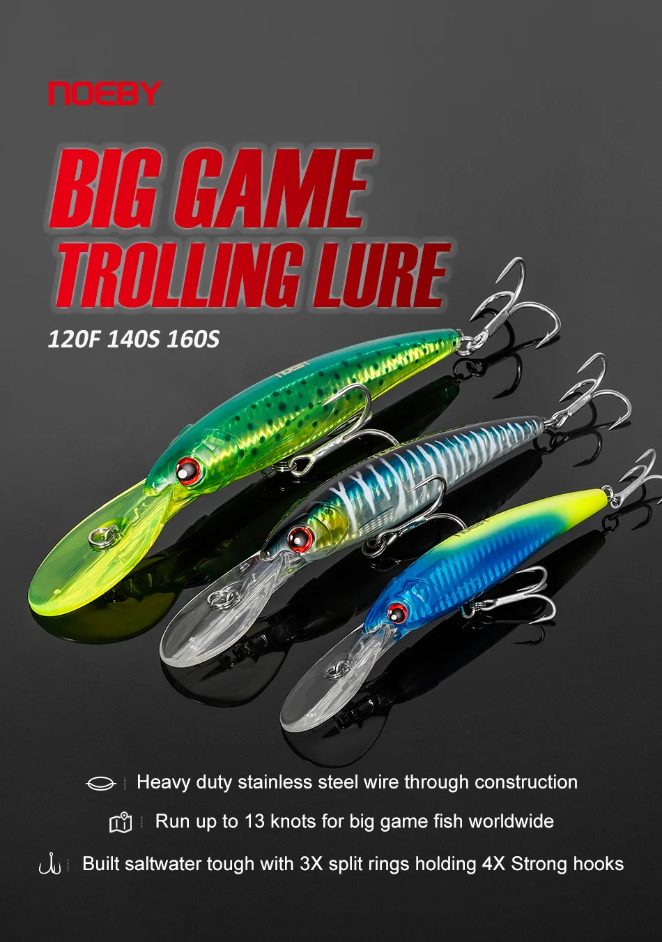 NOEBY NBL9046 3-teiliges Set Trolling-Minnow-Köder 120mm 140mm 160mm Tief Tauchende Hartköder für Thunfisch GT Big Game Salzwasser – Detail 1