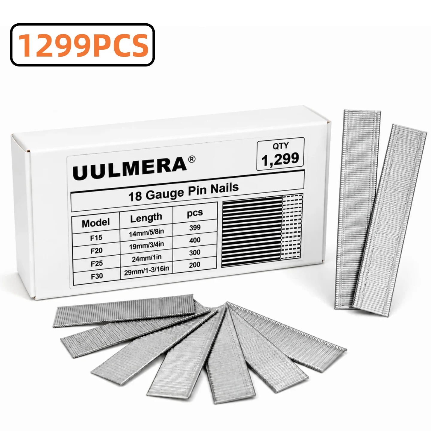 1299pcs 18 Gauge Galvanized Brad Nails  4 Sizes：14mm-29mm Pneumatic Nail Gun Nails Compressed Head Hardware Nails Assortment Kit