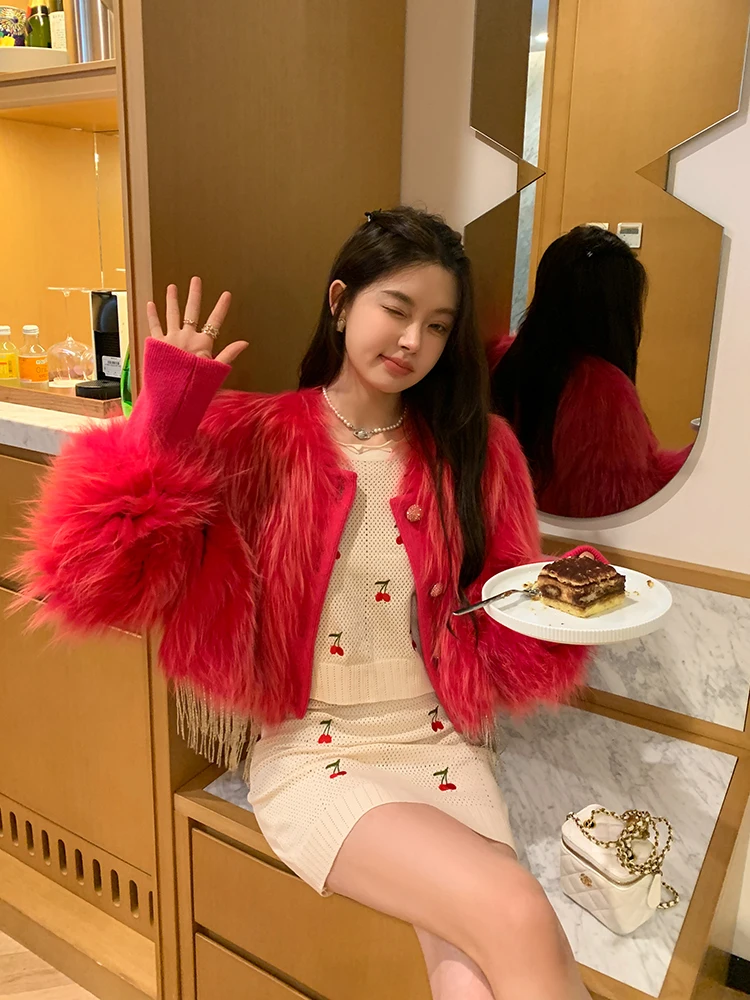 2025 nueva piel de zorro de imitación abrigo holgado mujer invierno joven tejido moda alta sociedad borla piel de mapache Chaqueta corta de cuero