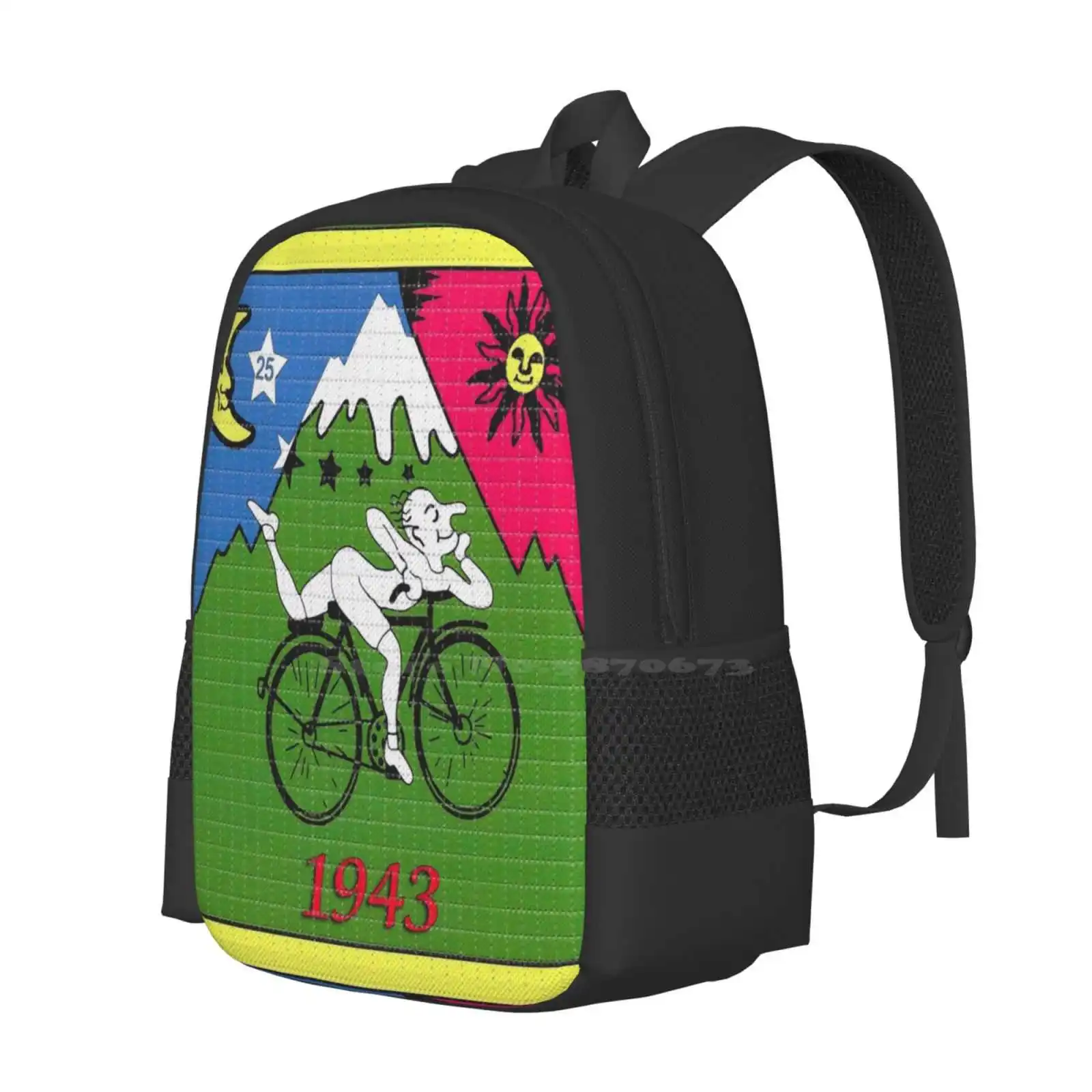 Lsd-Albert Hofmann-Bicycle Day Teen College Student Backpack Pattern Design Bags Lsd Albert Hofmann Bike Bicycle Discovery