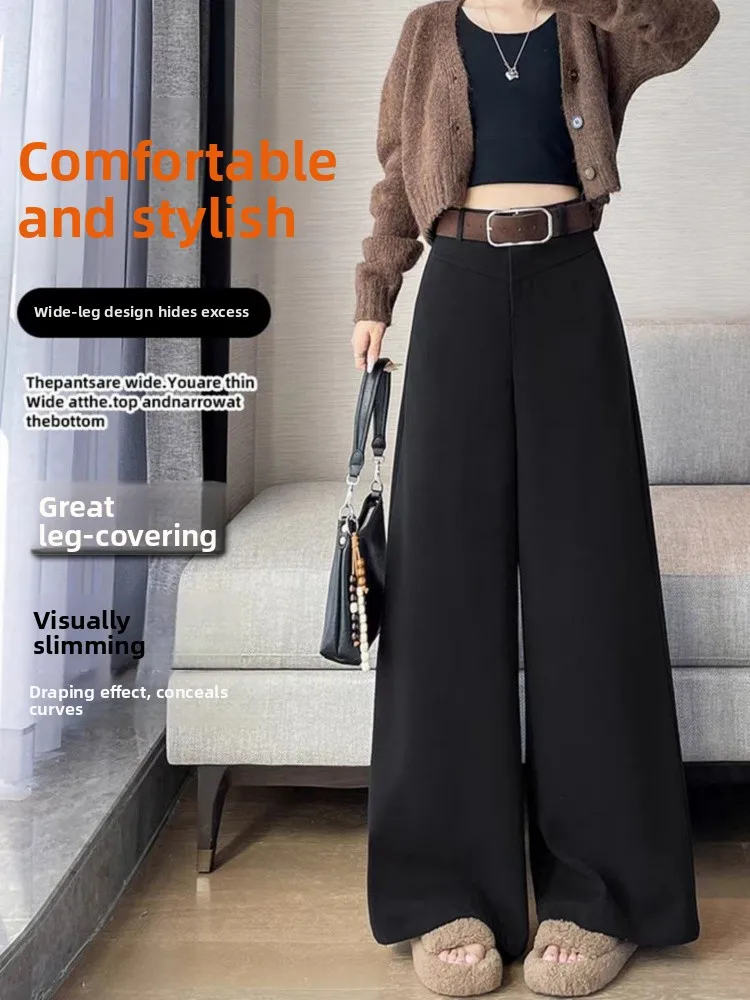 コーヒー色の裏地付きワイドレッグスーツパンツ レディース ハイウエスト ドレープ フロア丈パンツ 通勤 スタイリッシュ 無地