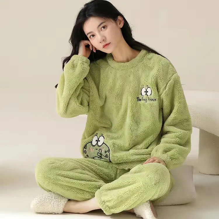 Autumn Winter Thick Coral Velvet Long Sleeve cute Cartoon Sleepwear Warm Flannel Women Pyjamas Sets Flannel Pajamas Set for Girl