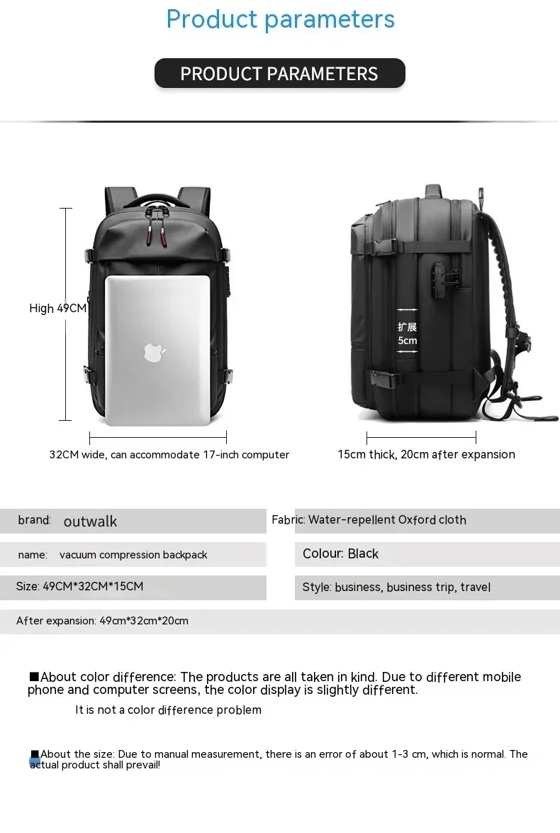 Men Women 19 Inch Laptop Computer Backpack Vacuum Compression Travel Business Large Capacity School Backpack Expand Outdoor Bags