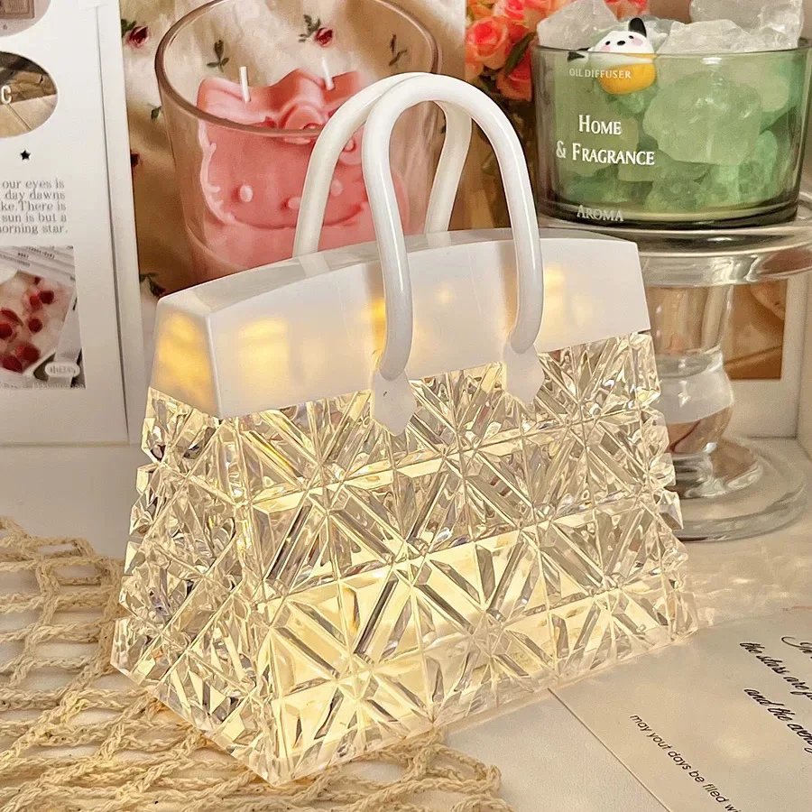 Ins Transparent Crystal Handbag Shape LED Lamp Creative Bedroom Living Room Table Top Light Home Decoration Girl Wedding Gift