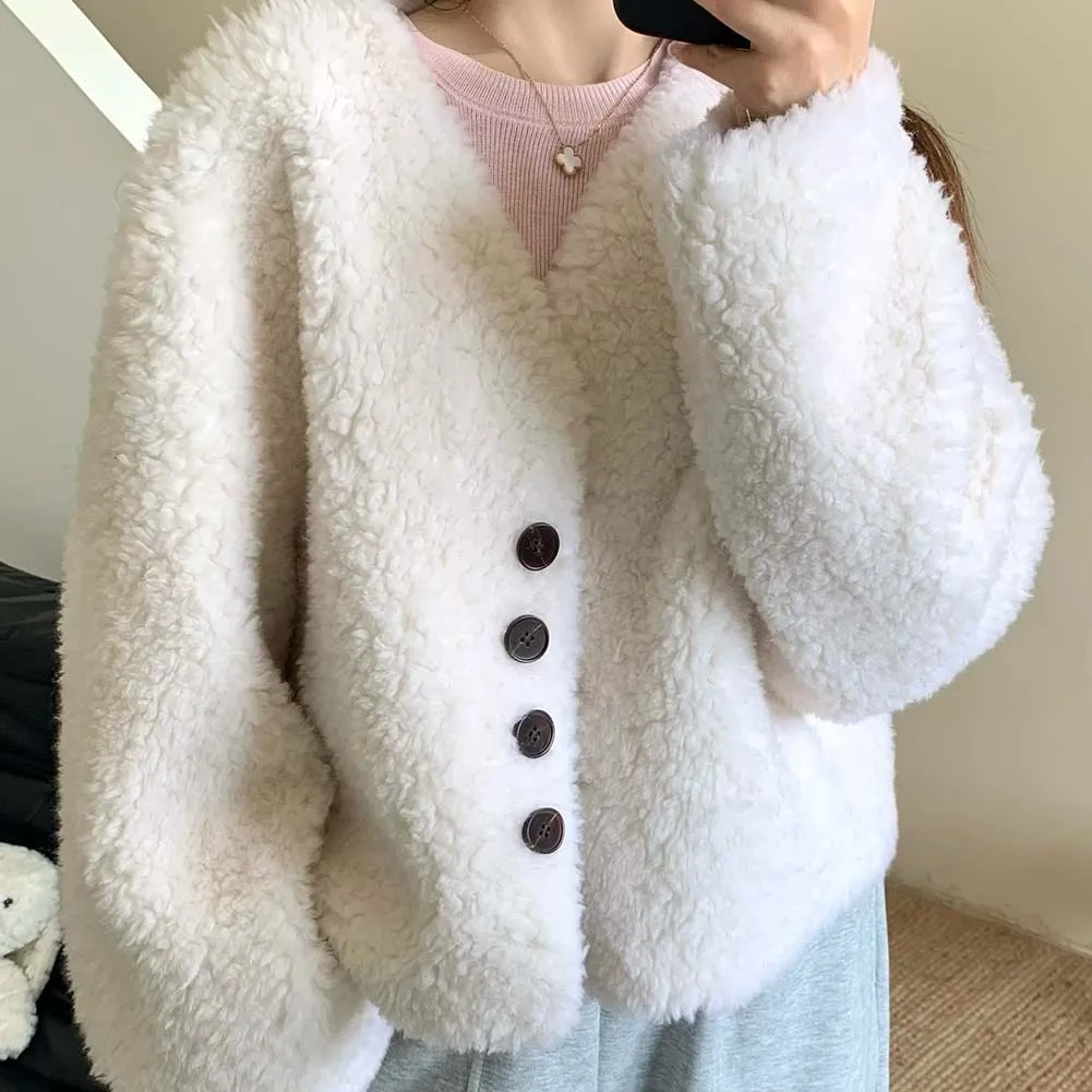 

2025 Hot Sale Lamb Fur Coat Autumn Winter Women V neck short Granular Shearing Lamb Fur Jackets Wool