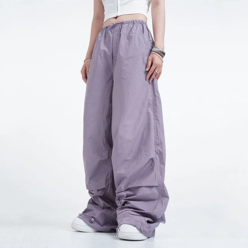 

American Vintage Summer Trend Fashion Elastic Waist Quick Drying Workwear Pants Women Pocket High Street Loose Straight Trousers