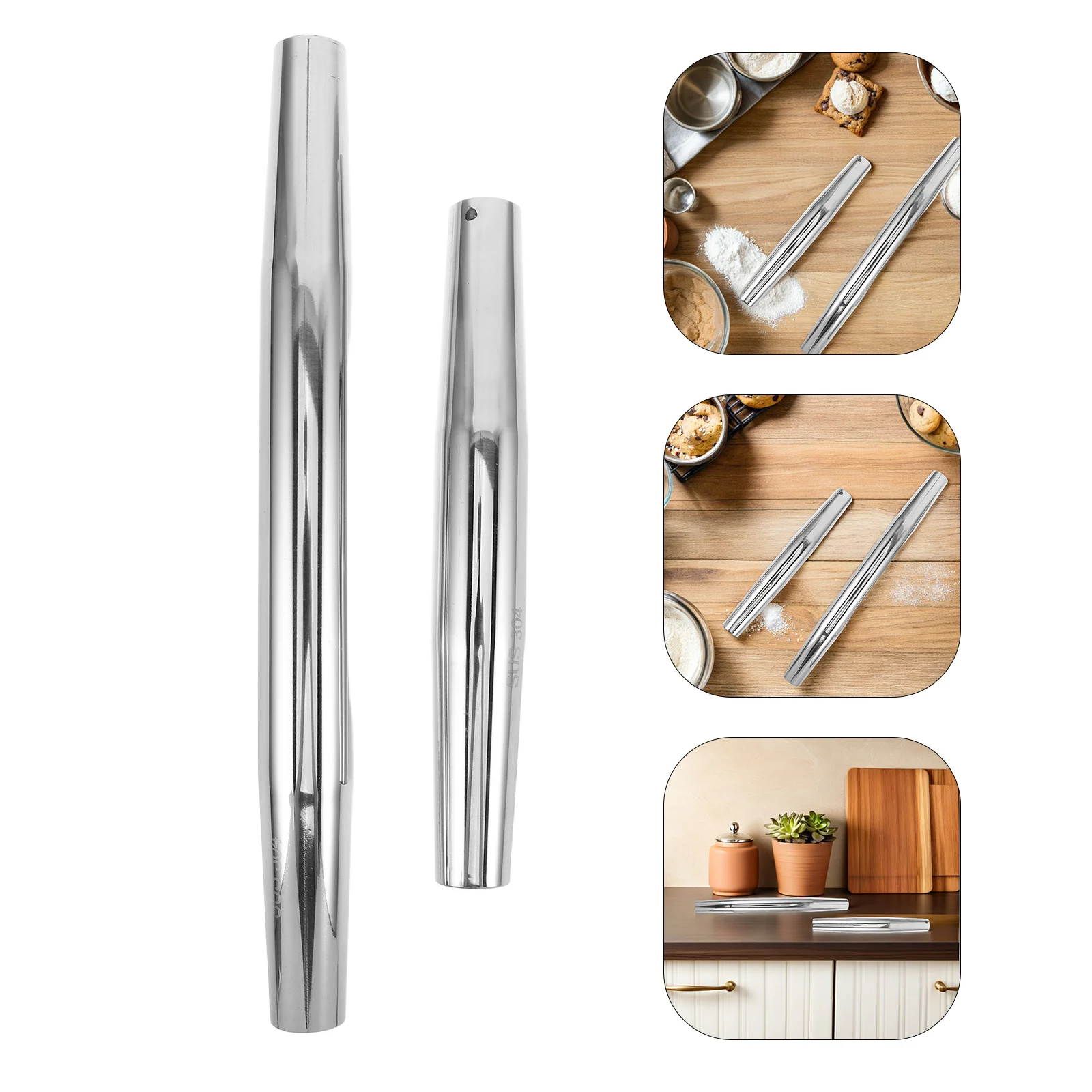 

2Pcs Stainless Steel Rolling Pin French Style Non Stick Dough Roller for Pizza Cookies Dumplings Fondant Baking