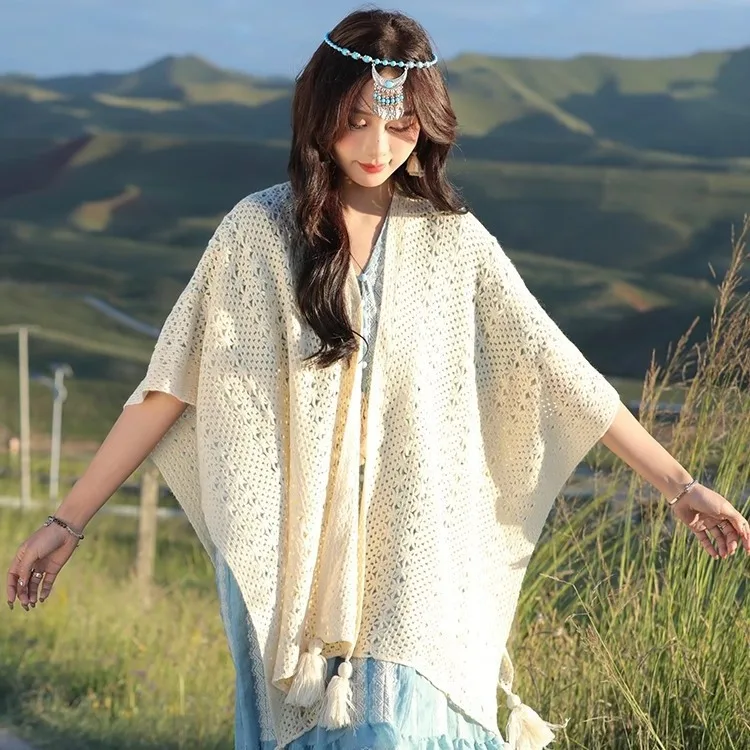 Cape Vintage Ethnic Vacation Style Knitted Tassel Scarf Cardigan Women's Cloak Thin Style Small Shawl Tassel Outer Lace poncho A