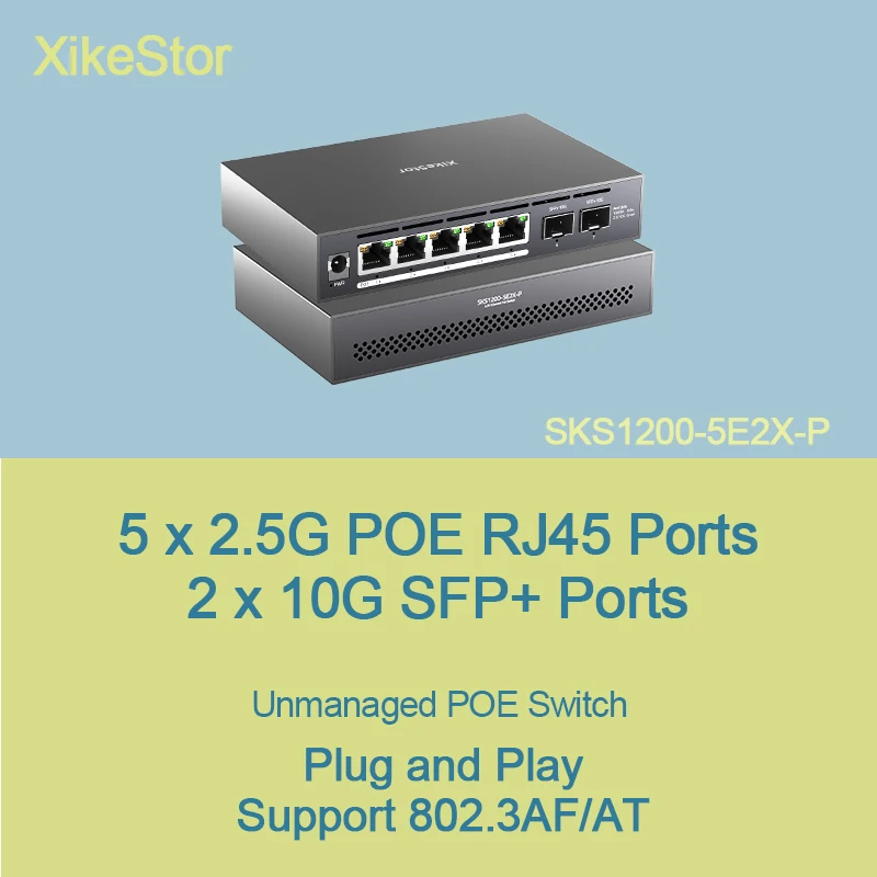 

XikeStor Неуправляемый POE 5 портов 2,5G POE RJ45 и 2-портовый 10G SFP+ Протокол POE Plug and Play IEEE 802.3AF/AT