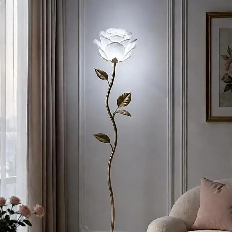 Bionic Single Rose Sculpture Floor Lamp Curved Twisted Brushed Gold Rod Metal Leaf Decoration Matte Translucent Flower Cover
