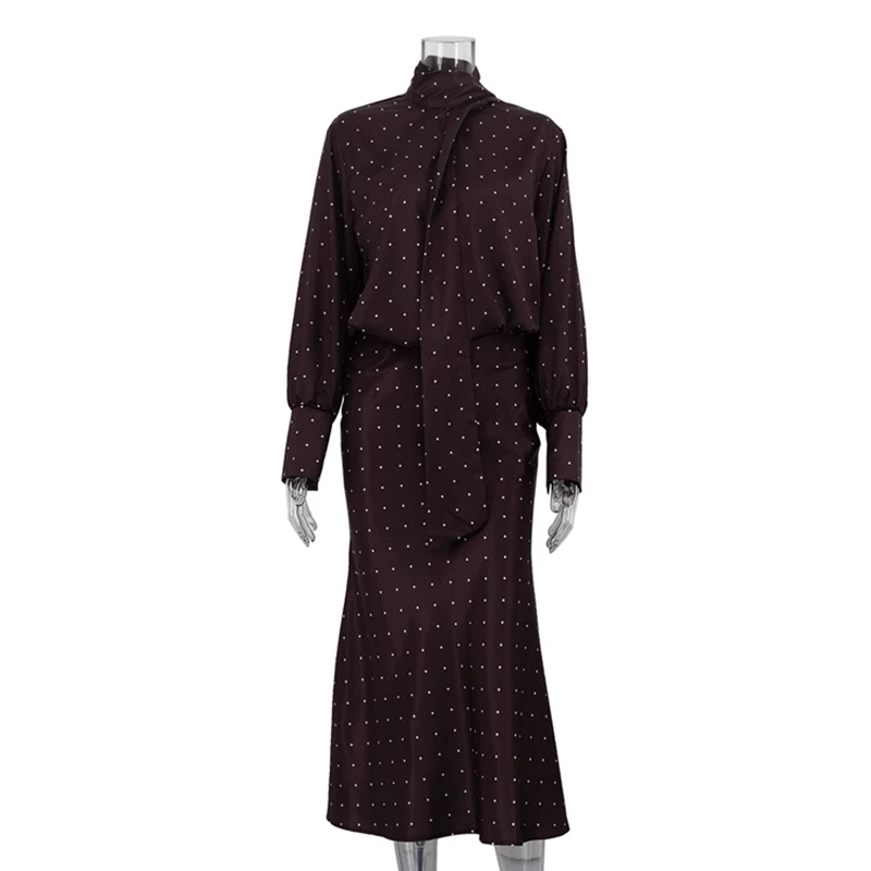 

Spring Satin Polka Dot Print Bust Skirt Suit Women Long Sleeve Lace Up Top+high Waist Straight Skirt Autumn Female Two-piece Set