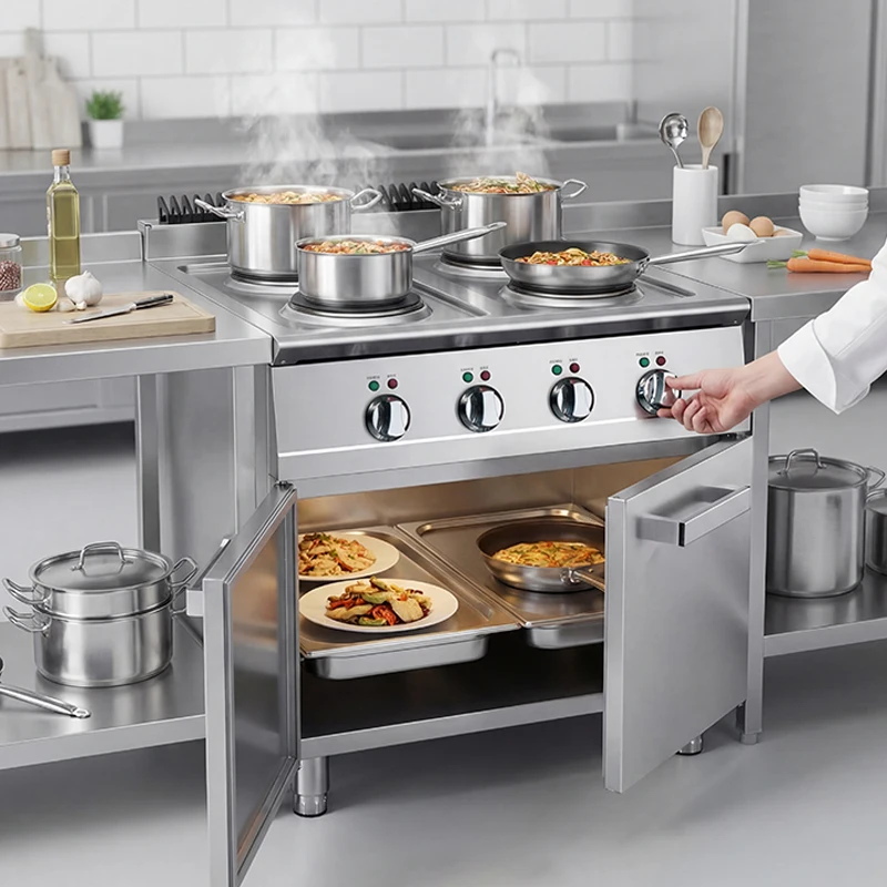 Commercial Vertical Electric Four-head Cooking Stove With Cabinet Base, Large-scale Engineering Model Round Plate Cooking Stove