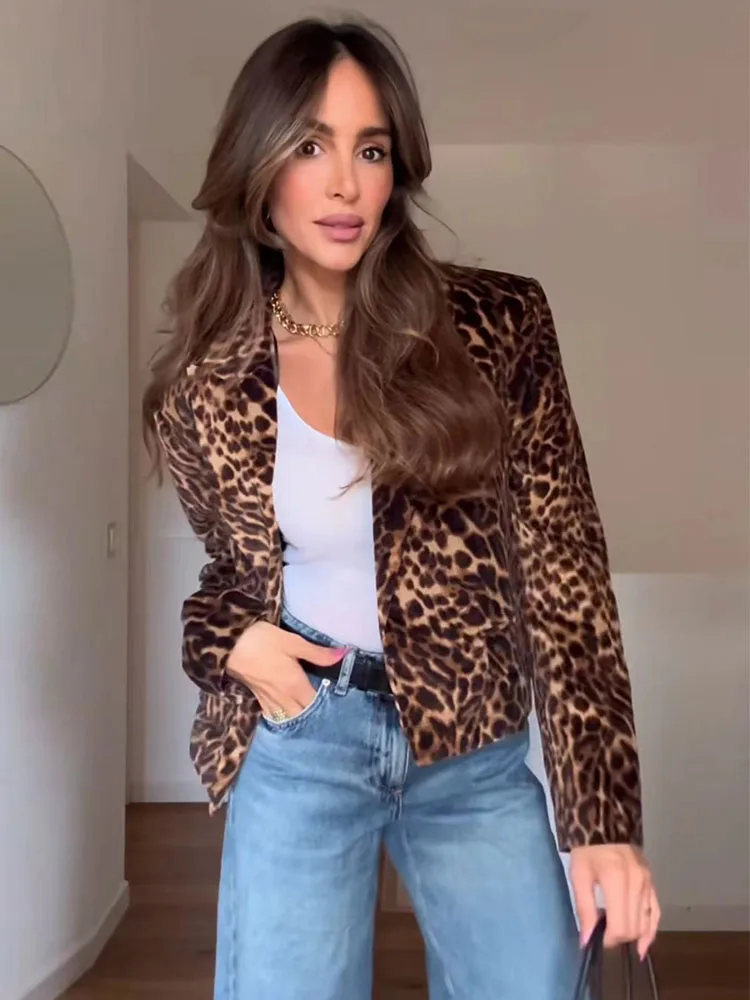 TRAF 2024 Autumn Women Leopard Print Velvet Blazer Skirt Suit Fashion Notched Pockets Cropped Jackets Side Zipper Mini Skirt