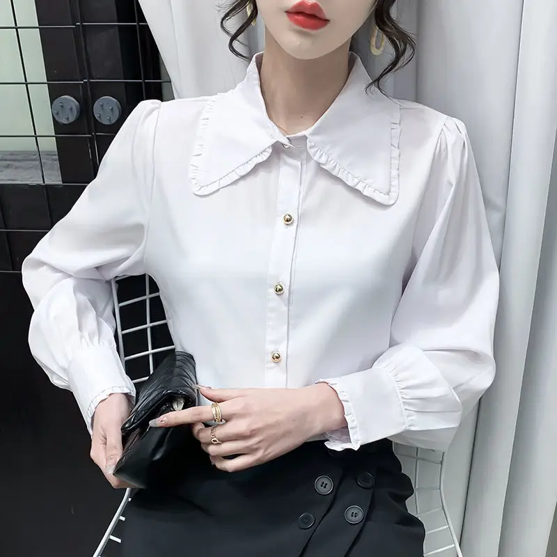 Office Lady Solid Color All-match Blouse Spring Autumn New Long Sleeve Polo Neck Youth Shirt Tops Fashion Elegant Women Clothing