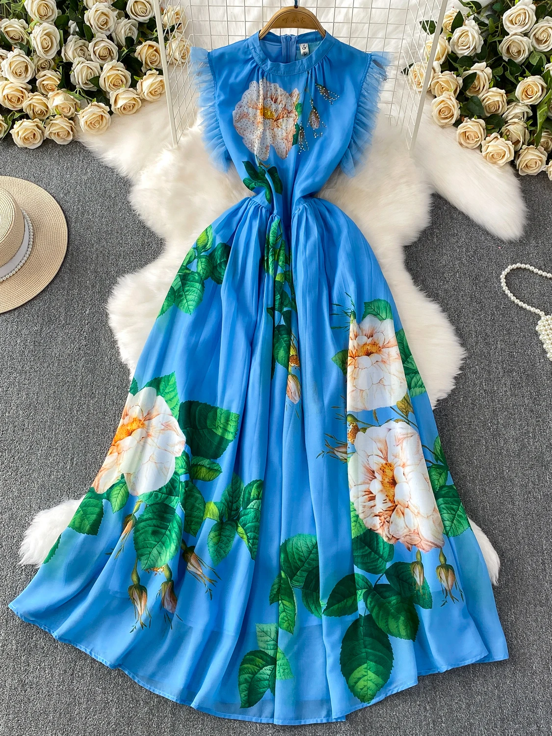 Vestido de Verano con Cuello Redondo y Estampado para Mujer, Manga con Volantes, Cintura Alta, Falda en Línea A, Estilo Corea...