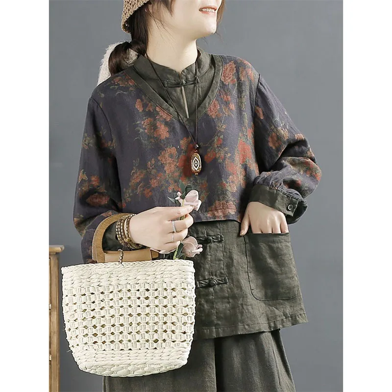 

Vintage Floral Print Patchwork Linen Blouses Women Fake 2 Piece Shirt Spring Autumn Loose Long Sleeve Top Soft