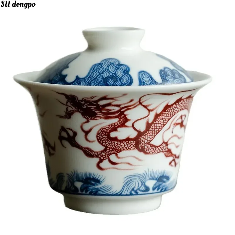 

Ceramic Red Dragon Gaiwan White Ru Blue and White Glaze Tea Making Bowl Retro Chinese Style Kungfu Teacup