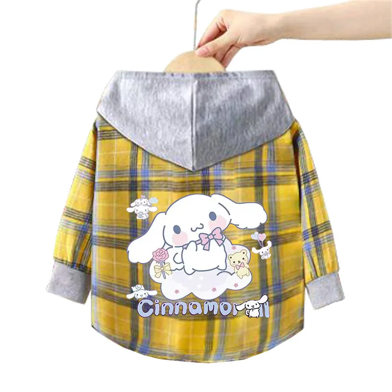 Spring and Summer Children's Sanrio Kuromi Shirts 1-12 Year Girls Checkered Hooded Blouse Kids Casual Cartoon Shirt Sweater