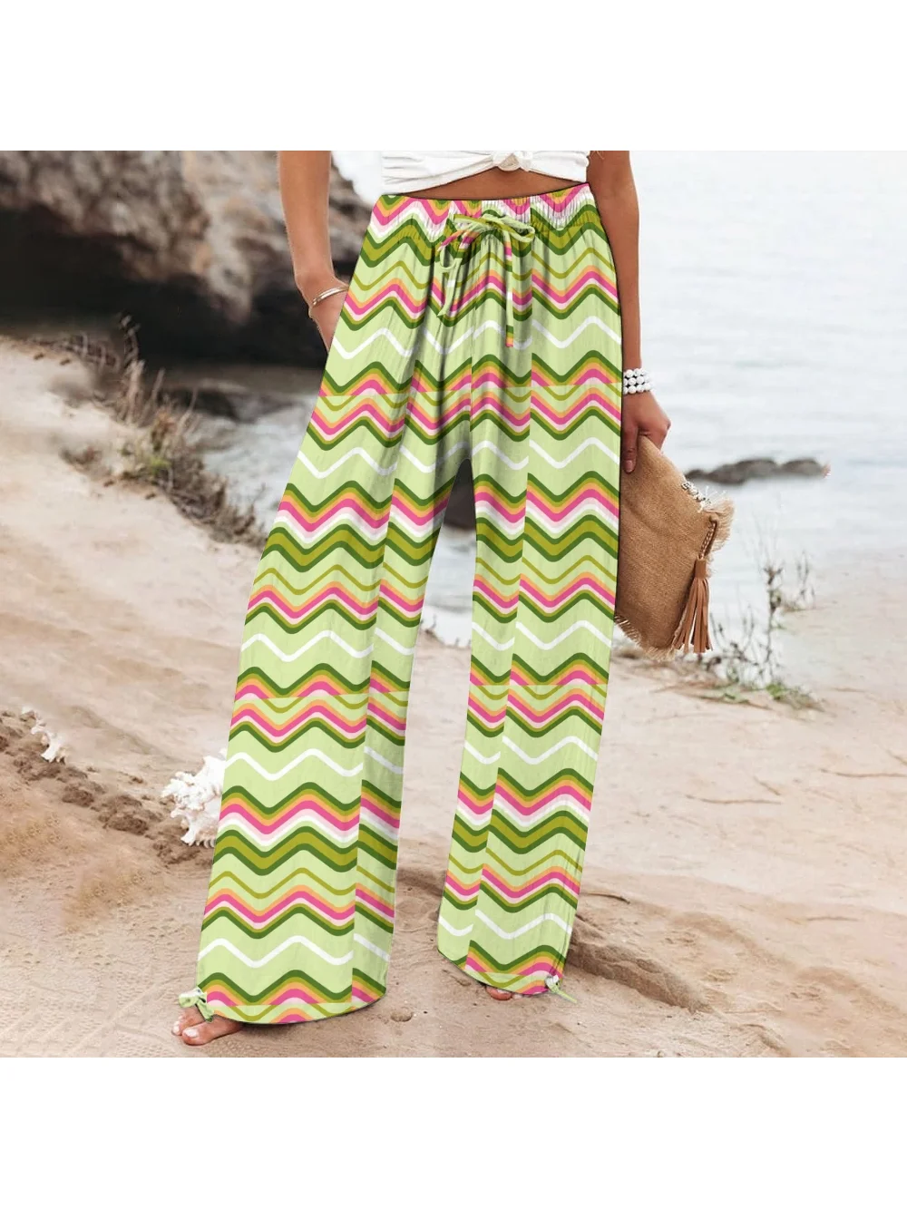 Women's Cotton And Linen Wide Leg Casual Pants Green Fresh Ripple Print Summer Trousers Drawstring Loose Beach Wear