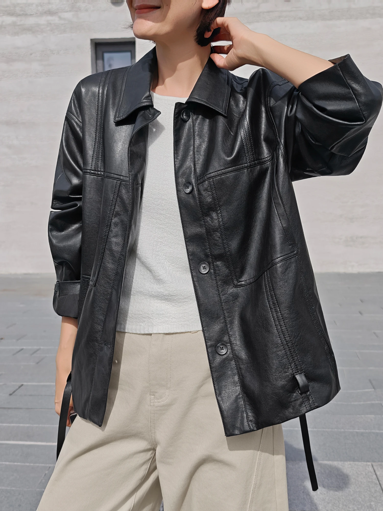 Cappotto antivento Jaet in pelle da donna casual allentato oulder Design Sve Colletto ribaltabile Chiusura con bottoni Colore puro Abbigliamento quotidiano