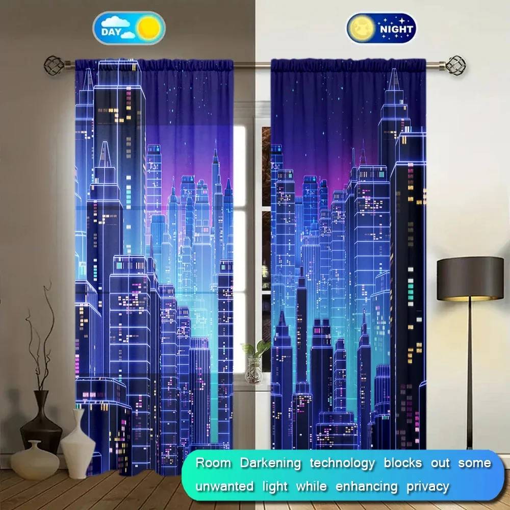 2pcs Neon City Printed Curtain for Home Decor - Rod Pocket Window Treatment for Bedroom, Office, Kitchen, Living Room, and Study