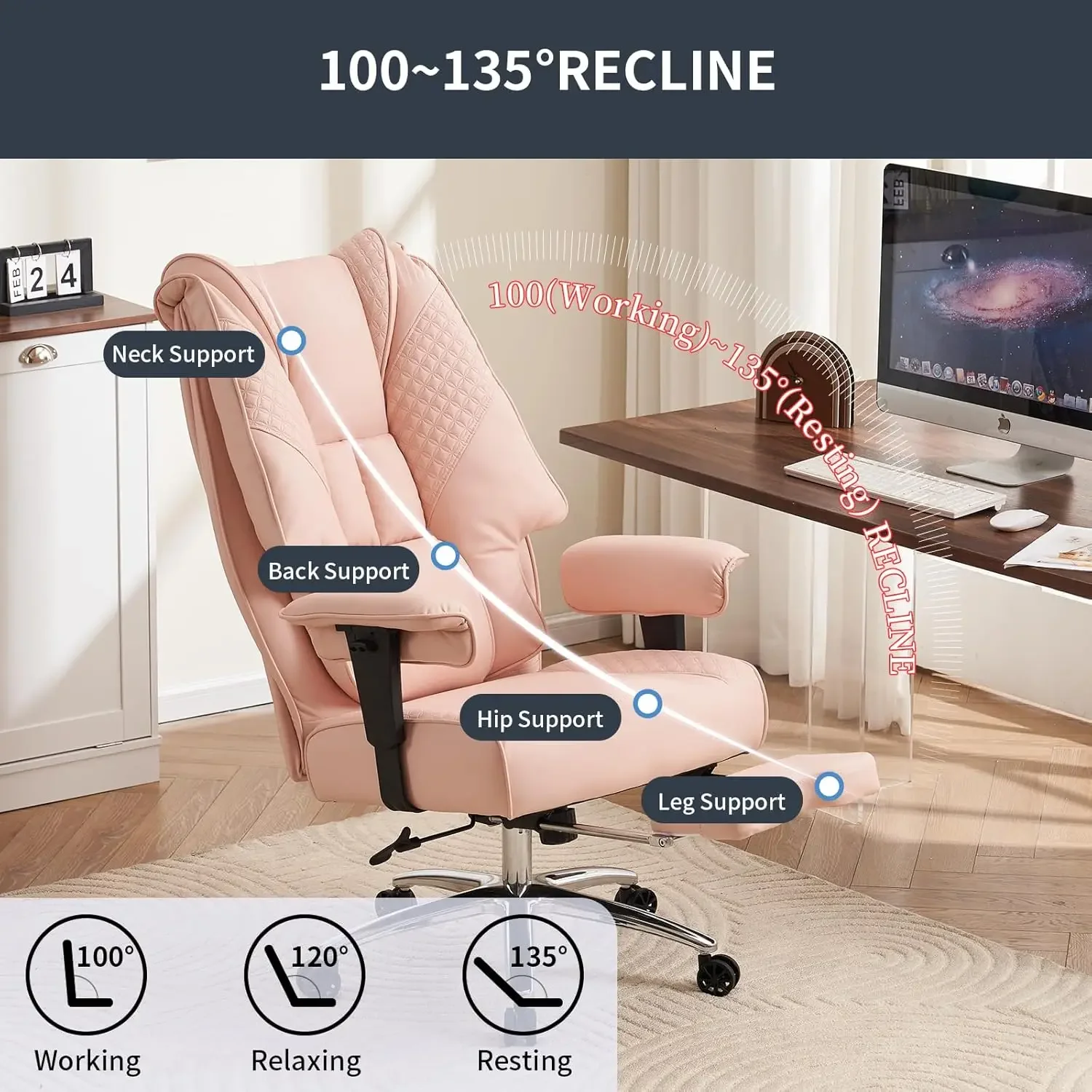 Back Executive Office Chair with Foot Rest, Ergonomic Office Chair Lumbar Support for Lower Back Pain Relief (Light Pink)