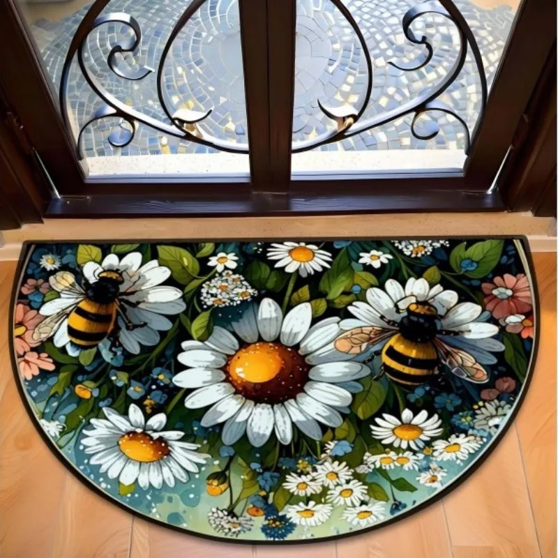 VIKAMA Daisy Bee Semi-Circle Doormat Non-Slip Indoor Outdoor Rug Water Absorbent Entrance Mat for Garden Home Decor