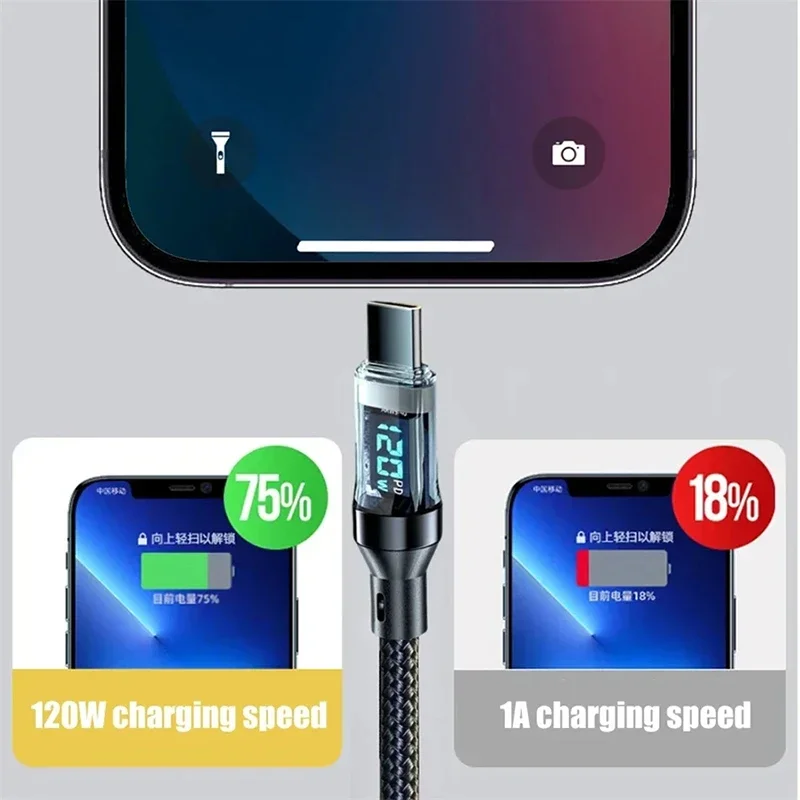 6A 120w Data Cable Usba To Type C Super Fast Charging Cable Nylon Cable For Xiaomi Poco Samsung With Led Digital Display Cable