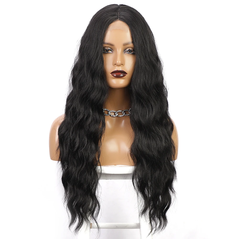 28 Inch Curly Long Wigs for Black Women Loose Deep Wave Lace Front Wig 4'' Simulated Scalp Middle Part Synthetic Natural Crimps