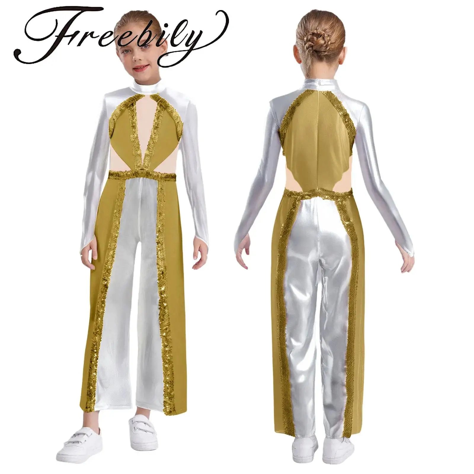

Kids Girls Patchwork Dance Jumpsuit Shiny Sequins Color Block Metallic Dance Jumpsuit Mock Neck Long Sleeve Mesh Bodysuit