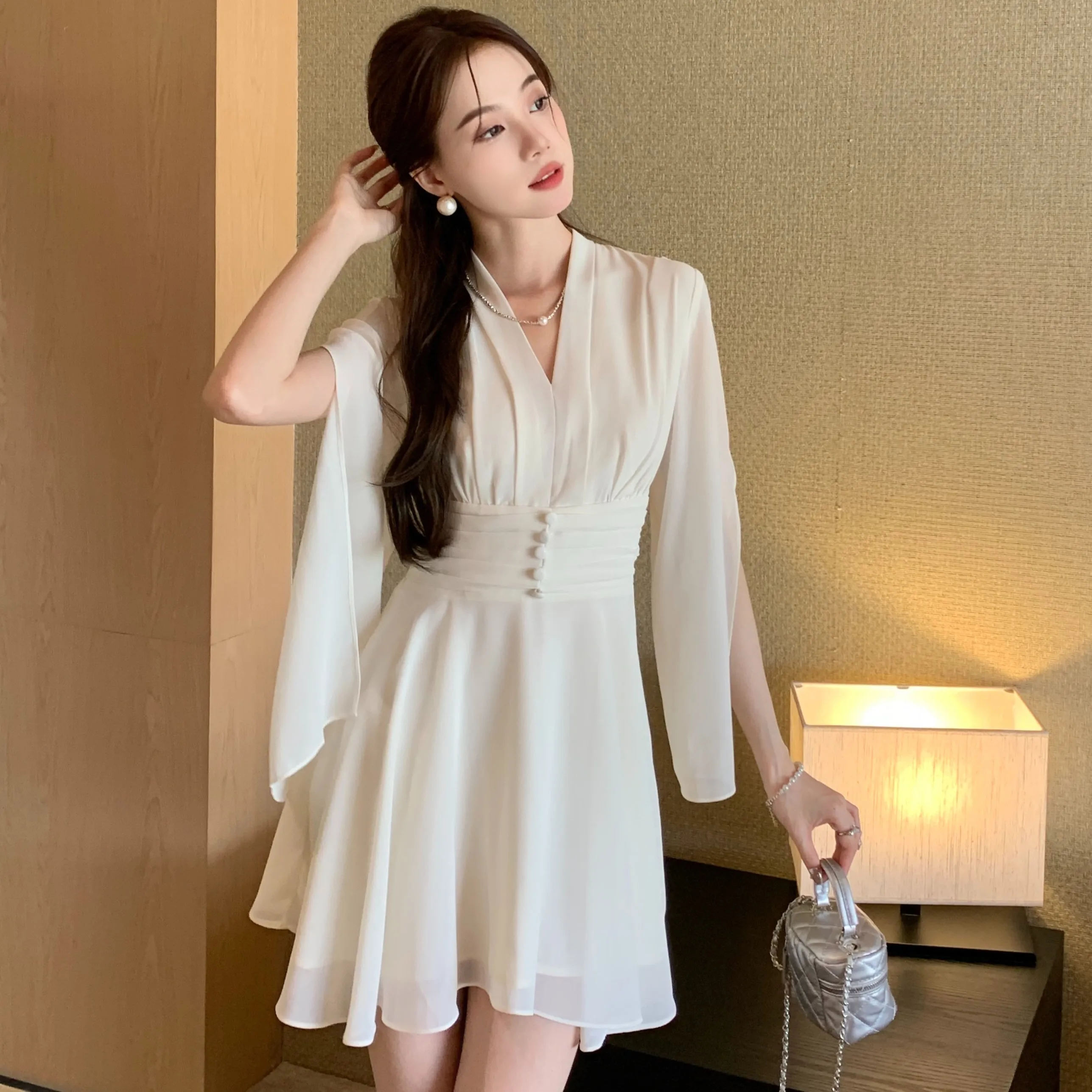 Elegant Luxury Dresses for Women Fairycore Irregular Long Sleeve Chiffon Dress Sweet Ruffles Fashion Summer White Mini Dress Y2K