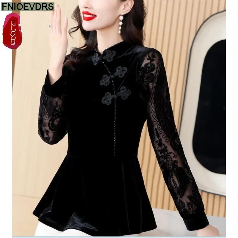 S-3XL Black Velvet Top Women Autumn Winter French Design Elegant Office Lady Work Button Shirt Casual Slim Retro Peplum Blouses