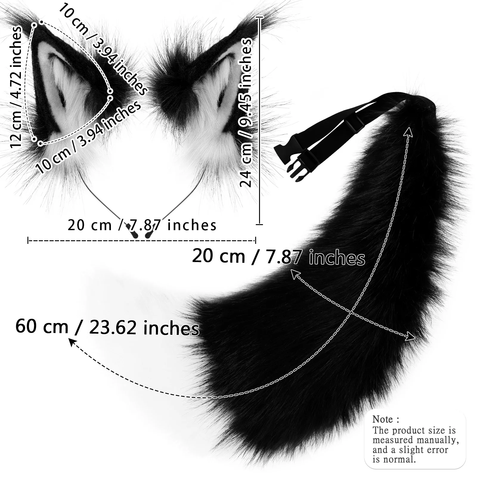 2 PCS Faux Fur Animal Ears Headband Furry Fox Wolf Tail Costume Set for Party Cosplay