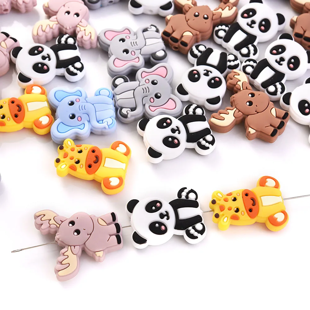 10Pcs Cute Cartoon Animal Silicone Beads Elephants Bears Calves Lions Pandas Diy Material for Making Bracelet Keychain Charms