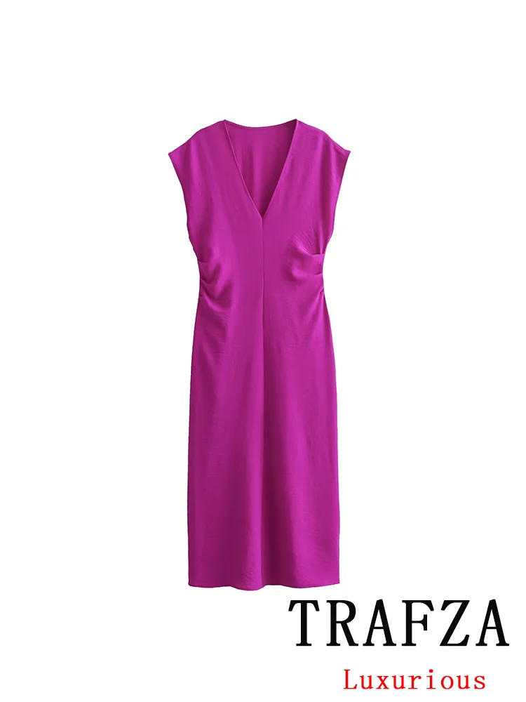 TRAFZA Vintage Chic Casual Sexy Women Dress Solid Purple V-Neck Sleeveless Long Vestidos New Fashion 2024 Summer Dress