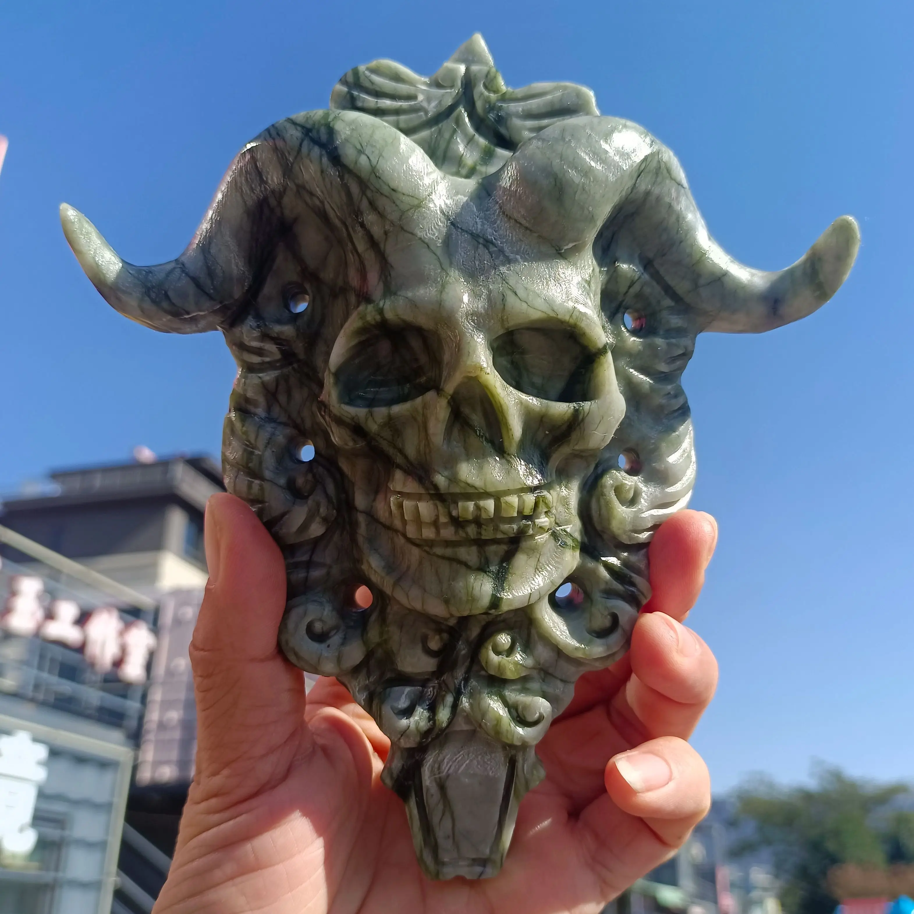 15-18cm Natural Tree Jade Stone Carved Satan Skull Sheep Head,Quartz Crystal Skull Sheep Head,Mineral Reiki Healing Stone