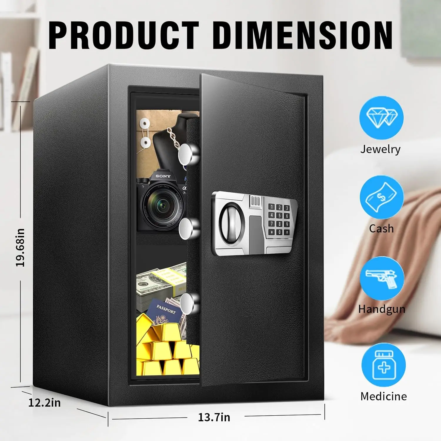 3.0 Cu Ft Large Safe Box For Home Documents with Type-C External Power - Steel Fireproof Security Safe Lock Box with Electronic