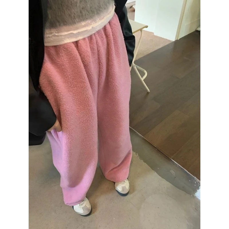 

QWEEK Casual Sports Woman Pants Autumn Winter Fleece Baggy Thick Trousers Korean Fashion Vintage Warm Wide Leg Pantalones