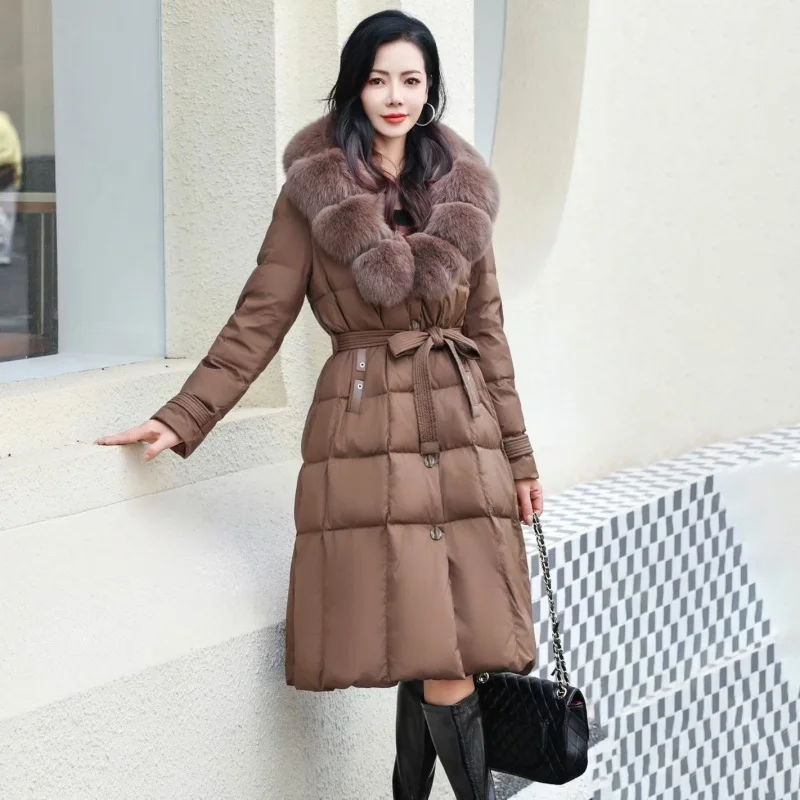 Winter neue Damen weiße Gänsedaunen verdickte warme Daunenjacke mit Kapuze Y2K hochwertiger Fuchspelzkragen mittellanger warmer Mantel 2025