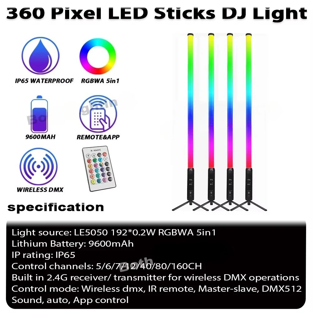 4pcs IP65 Waterproof 360° Full Color LED Pixel Tubes – Wireless DMX DJ Light Kit with Carry Bag for Events, Clubs & Stage