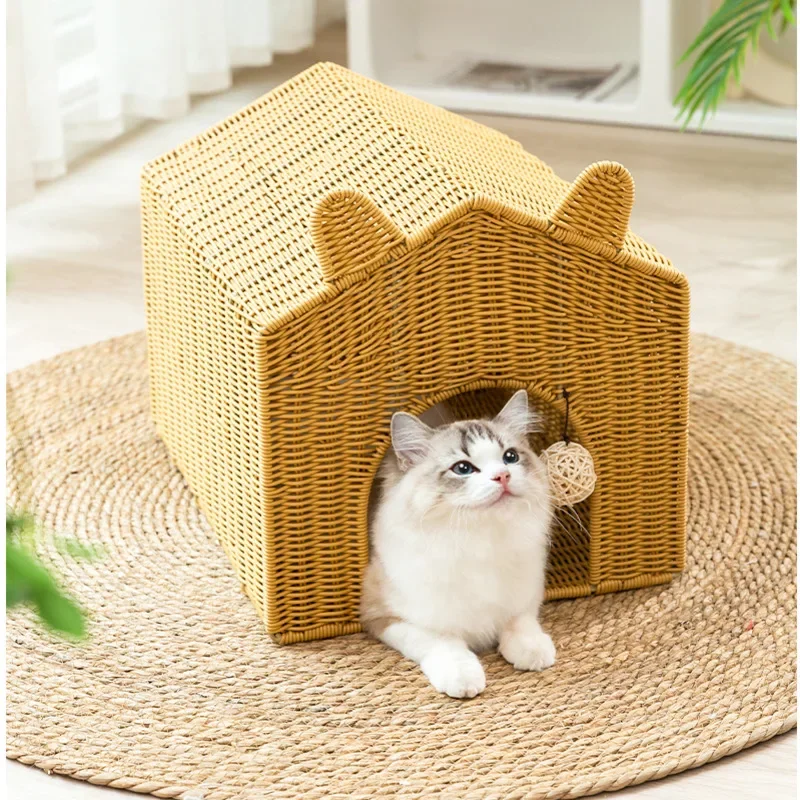 

Imitation Rattan Woven Cat Bed Semi Enclosed Cat's House Creative Double Ear Kennel For Cat Cool And Breathable Dog Crate