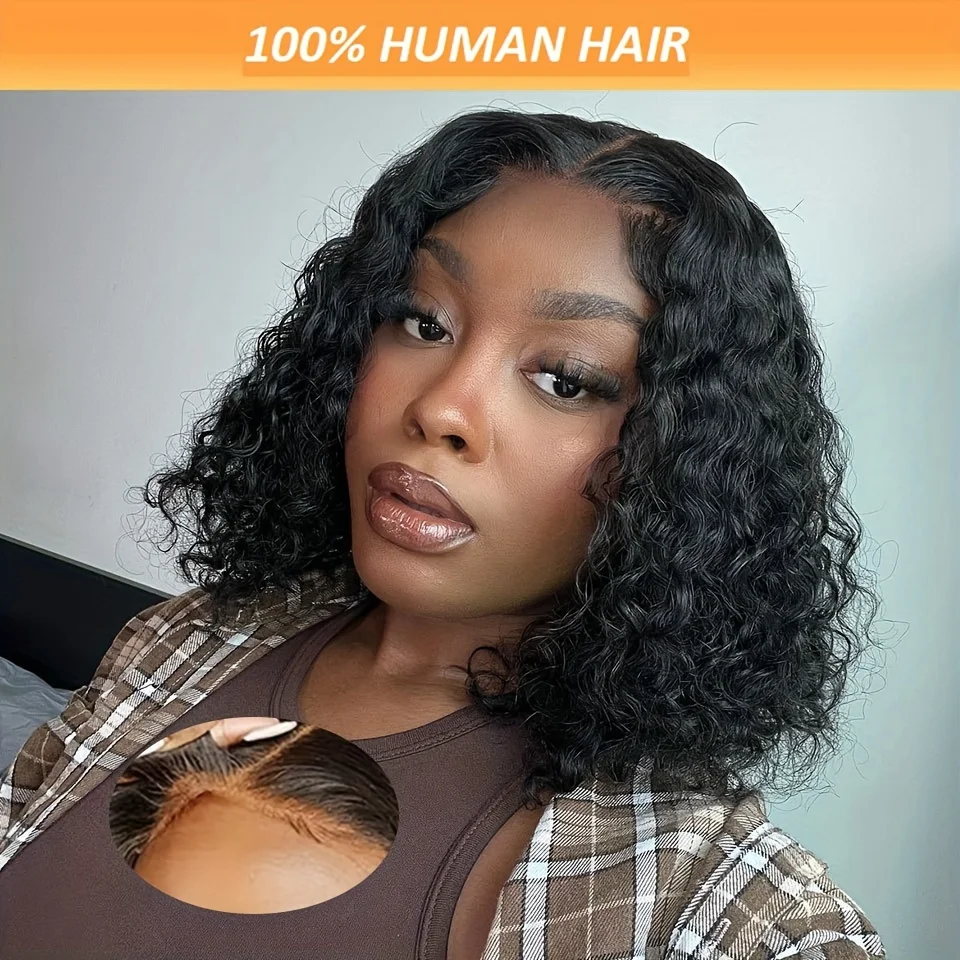 

4x4 lace short curly bob water wave human hair wig 12inch natural black color 150% density wig remy hair for women