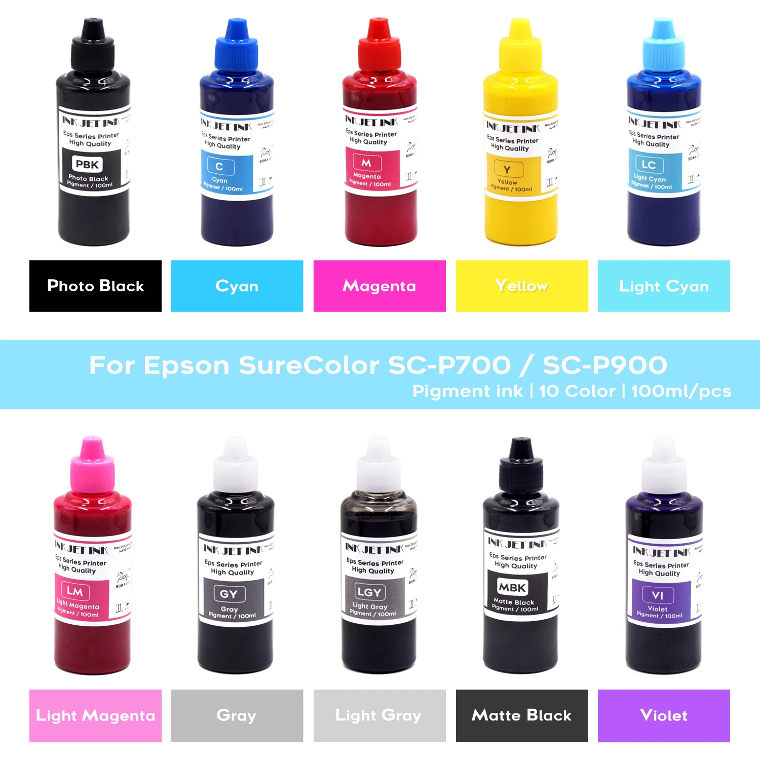 100ML 10Colors Water Based Pigment Ink For Epson Surecolor SC-P700 P900 P908 P708 P700 P900 T47A T46S Inkjet Printers