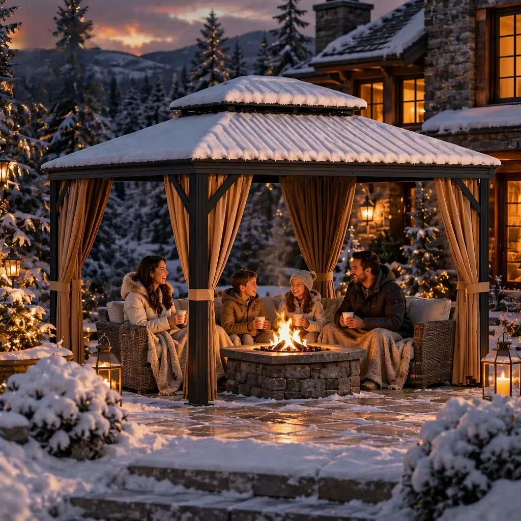 Custom Winter Outdoor Aluminum Gazebo, Double Roof Design with Fire Pit, Heavy Duty Shelter for Snowy Backyard Activity Space