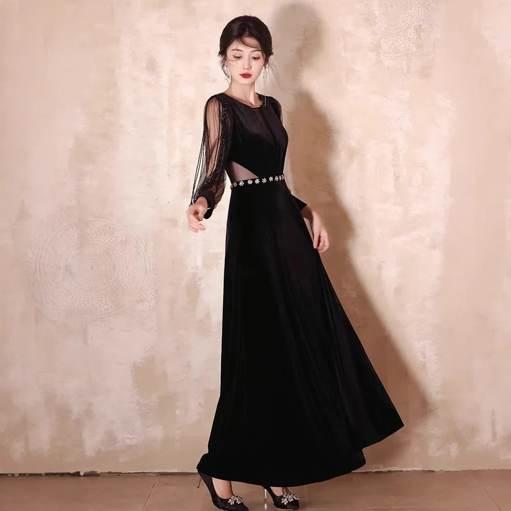 

Ele Bla Velvet Evening Gown Women's New Sle Autumn Winter Banquet Host Year End Par High Waist ter Ne Design