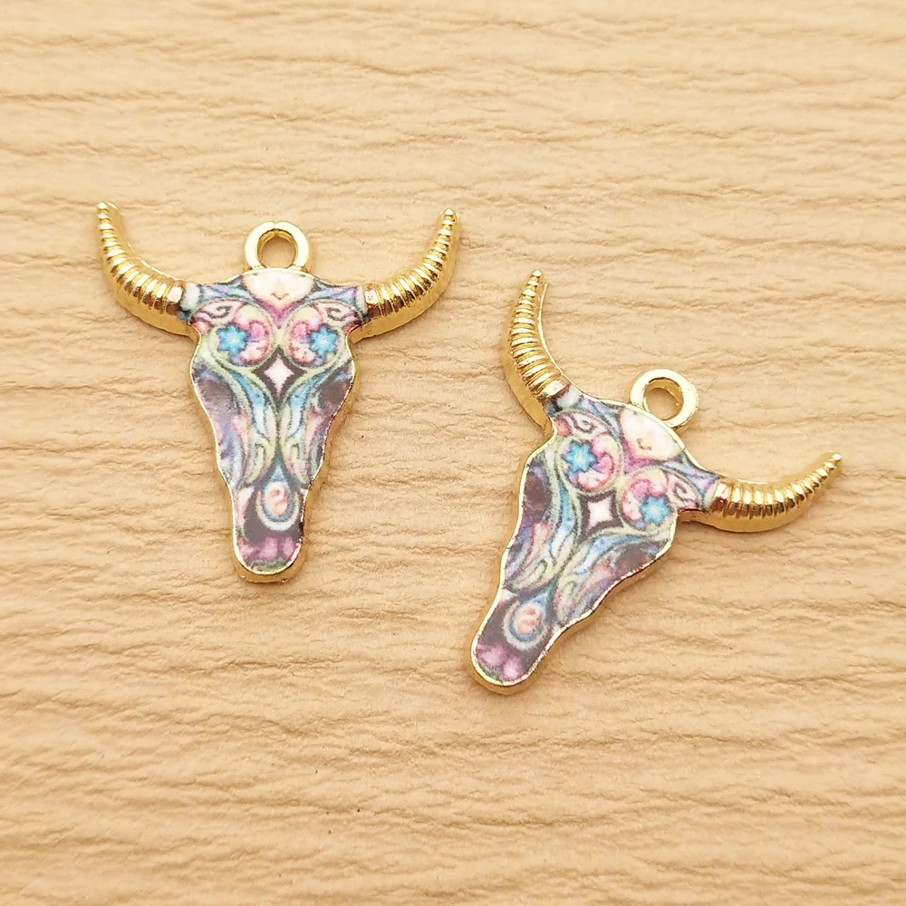 10pcs Cow Head Charm for Jewelry Making Enamel Pendant Zinc Alloy Gold Plated