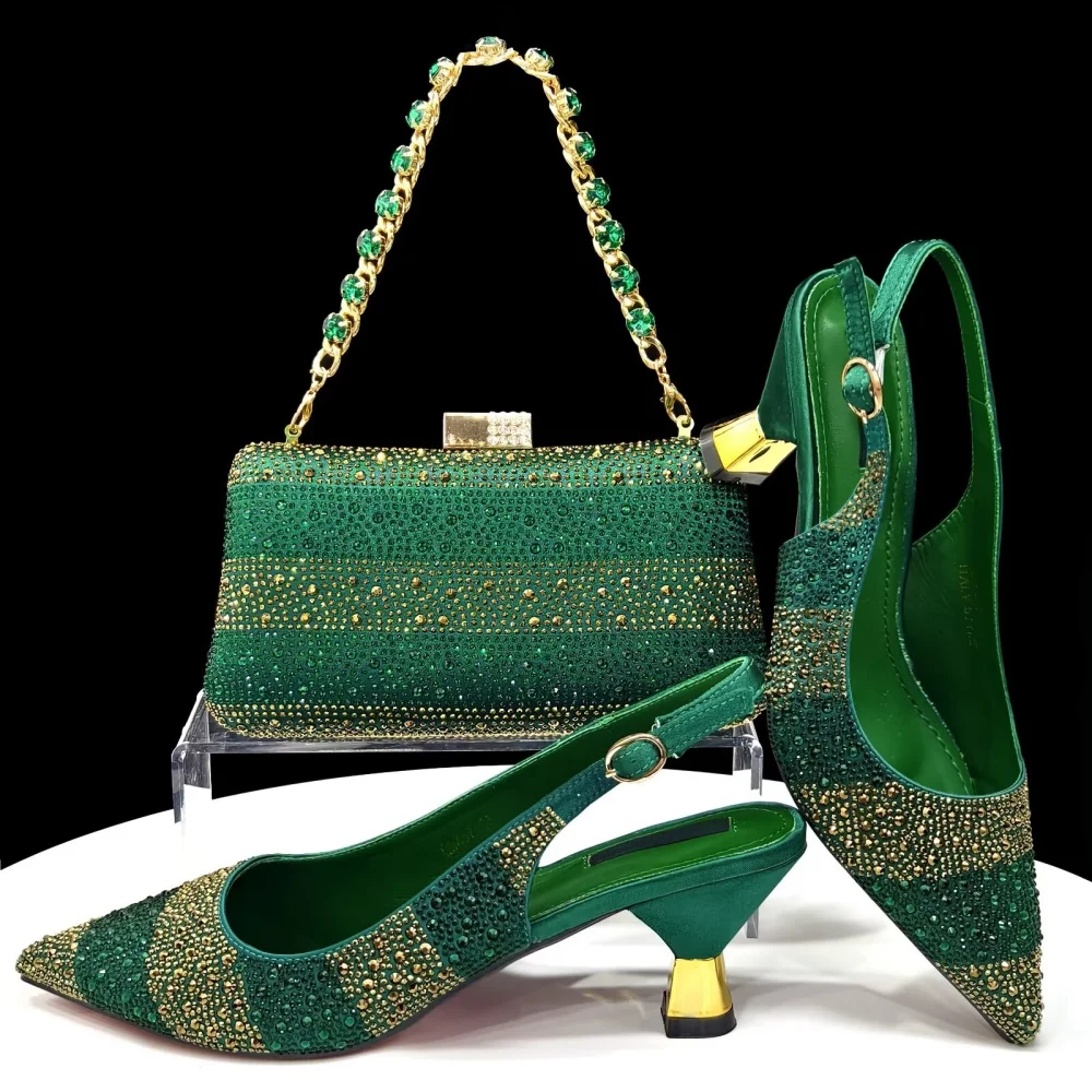 

Fashion Italian Rhinestone Green Color Shoes And Bag Set For Party African Style Woman High Heels Shoes And Bag Set For Party